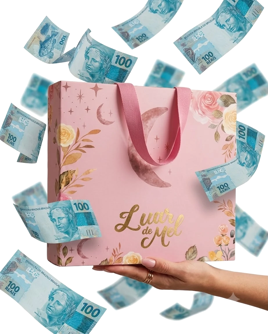 Mão segurando uma sacola rosa LUAR DE MEL® com notas de dinheiro voando ao redor